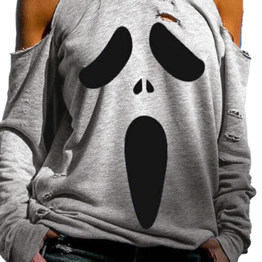 ONE LEFT! Distressed Cold Shoulder Ghost Halloween Shirt - Picture 2 of 8